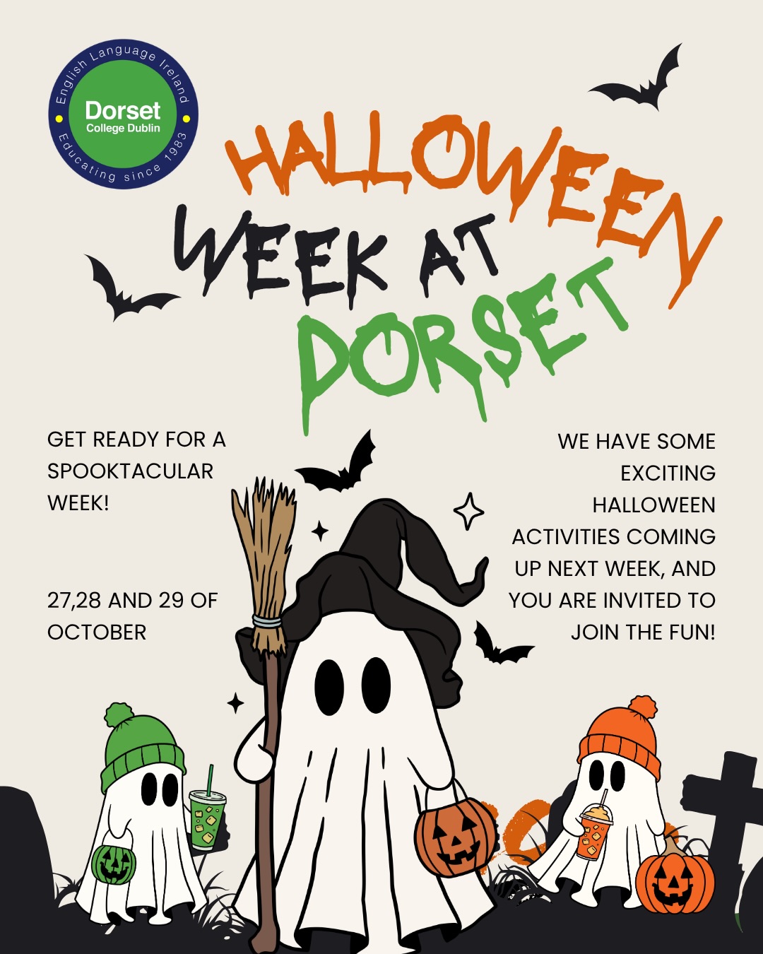 🎃👻 Halloween week is coming to Dorset College! 🕸️🦇

Get ready for a week full of spooky fun! 🎬🎃 We have three exciting activities planned for our students next week: Halloween Movies Day, Pumpkin Carving and Games Day!

📅 27–29 October
📍 58 Charles Street Great, Dorset College Dublin

Join us for some Halloween fun, spend time with your classmates and enjoy the spooky season with us! 🧡🖤

Which activity are you most excited about? 👀👇

#DorsetCollege #DorsetCollegeDublin #Halloween2026 #StudentLife #HalloweenAtDorset
